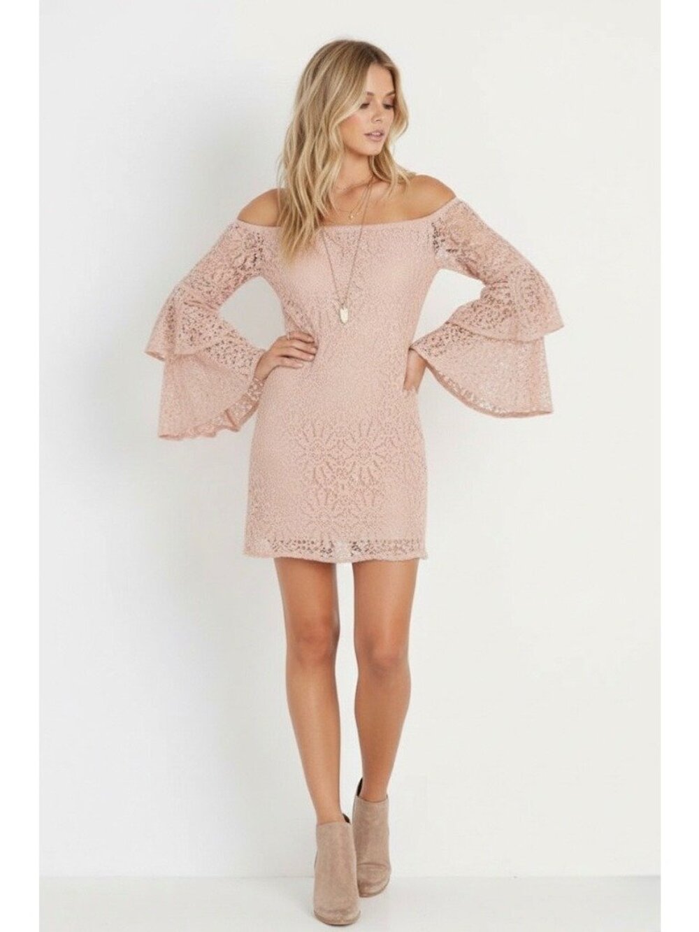 Jen’s Pirate Booty Pink Lace Bell Sleeve Off Shoulder Mini Dress | Romantic Boho